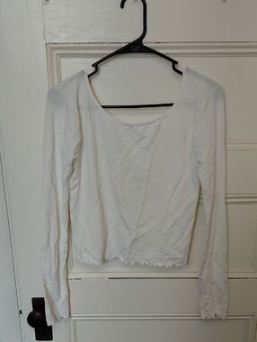 Free People White Ribbed Scoop-Neck Long Sleeve Top